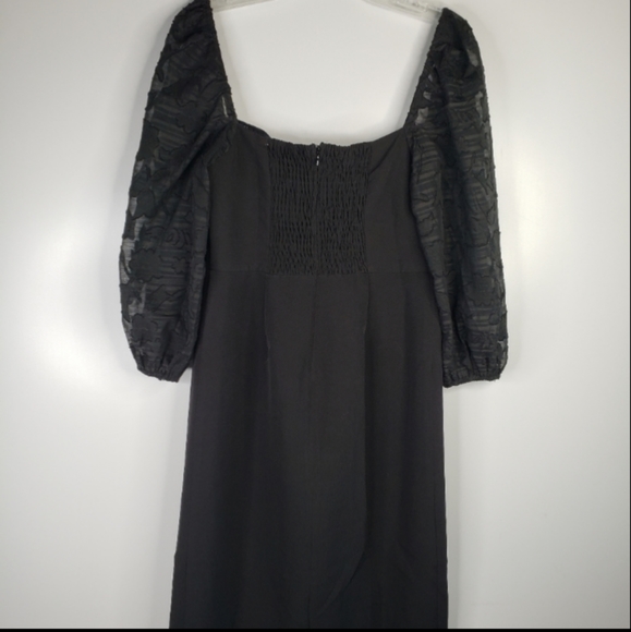 One One Six Jacquard Black Puff Sleeves Square Neck Smock Back Slit Dress, Sz M. - Picture 6 of 11